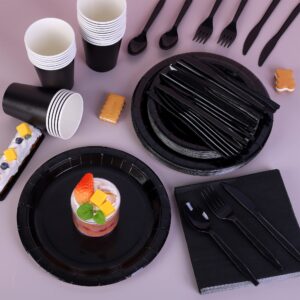 ADXCO 169 Pieces Black Party Supplies Include Black Plates and Cups Paper Napkins Plastic Forks Knives Spoons Tablecloth Serve 24 Guests for Wedding Birthday Party Decorations