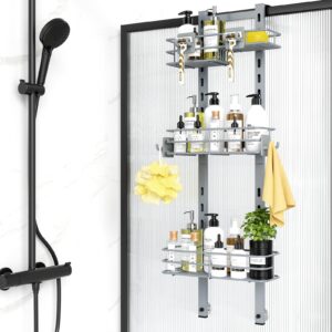 odesign over the door shower caddy, 3-tier adjustable hanging shower caddy with soap holder & 4 hooks, rustproof bathroom shower organizer with suction cup, shower rack for shampoo razor, slate-grey