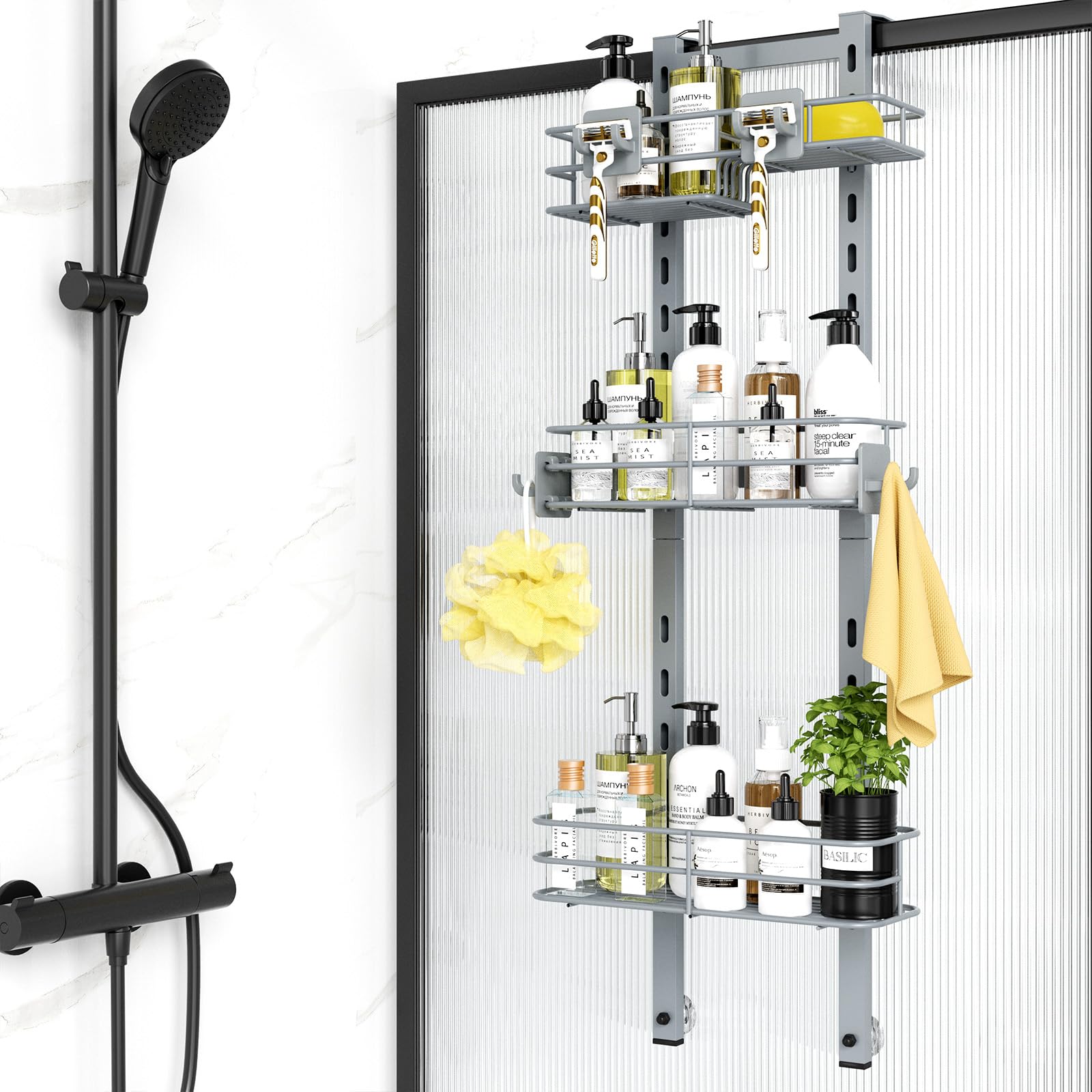 ODesign Over The Door Shower Caddy, 3-Tier Adjustable Hanging Shower Caddy with Soap Holder & 4 Hooks, Rustproof Bathroom Shower Organizer with Suction Cup, Shower Rack for Shampoo Razor, Slate-Grey