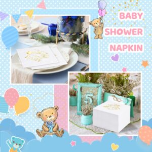 Crtiin 100 Pcs We Can Bearly Wait Baby Shower Napkins, Baby Shower Decorations for Boy, Bear Favors Napkins Cocktail Dessert Disposable Napkin Paper for Boy or Girl Party Supplies, White Gold