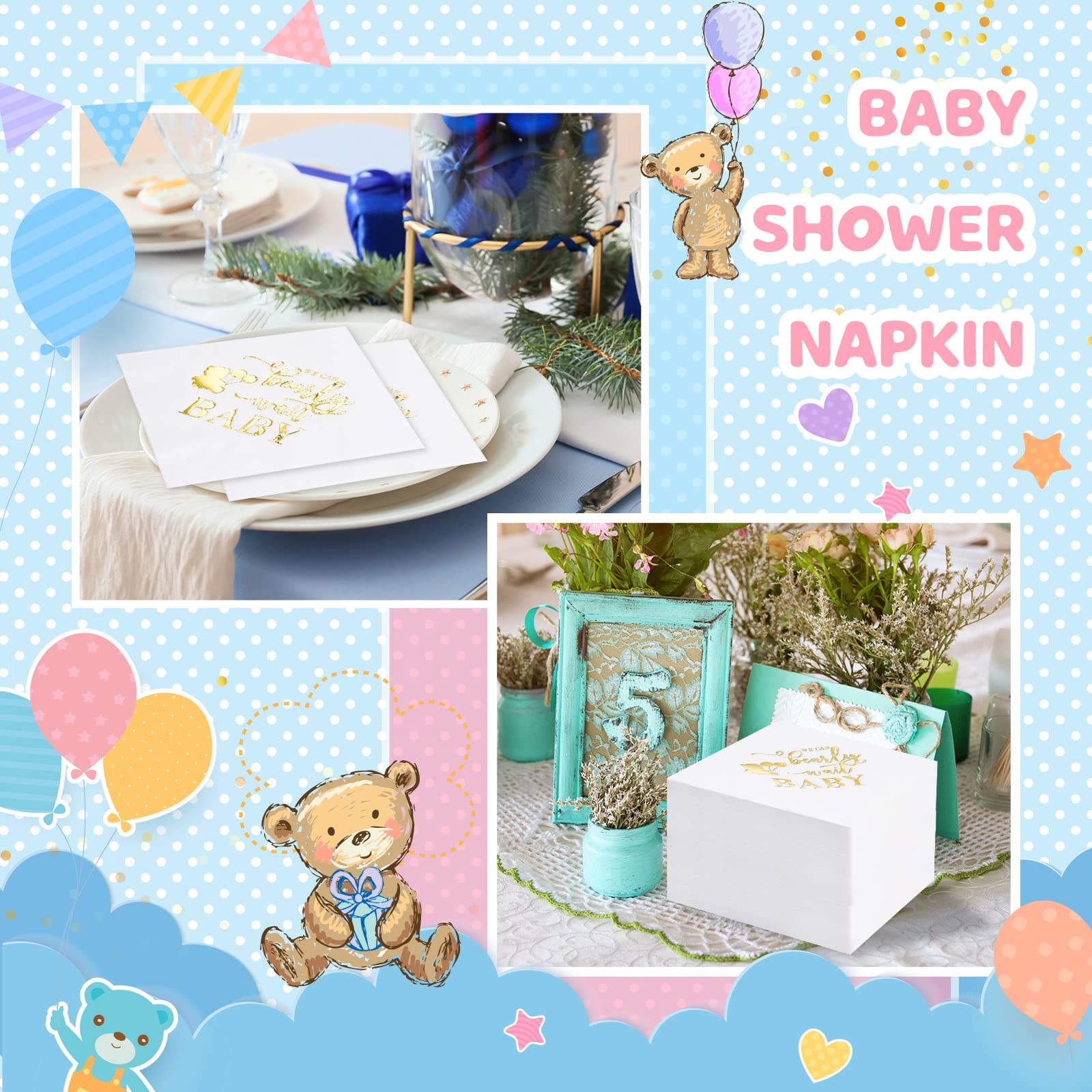 Crtiin 100 Pcs We Can Bearly Wait Baby Shower Napkins, Baby Shower Decorations for Boy, Bear Favors Napkins Cocktail Dessert Disposable Napkin Paper for Boy or Girl Party Supplies, White Gold