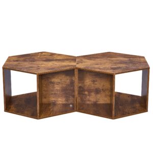 BEWISHOME Hexagonal Small Coffee Table with Storage, Unique Modern Coffee Table for Living Room and Office, Brown Natural Wood Small End Tables for Small Spaces Set of 2, KlZ02Z