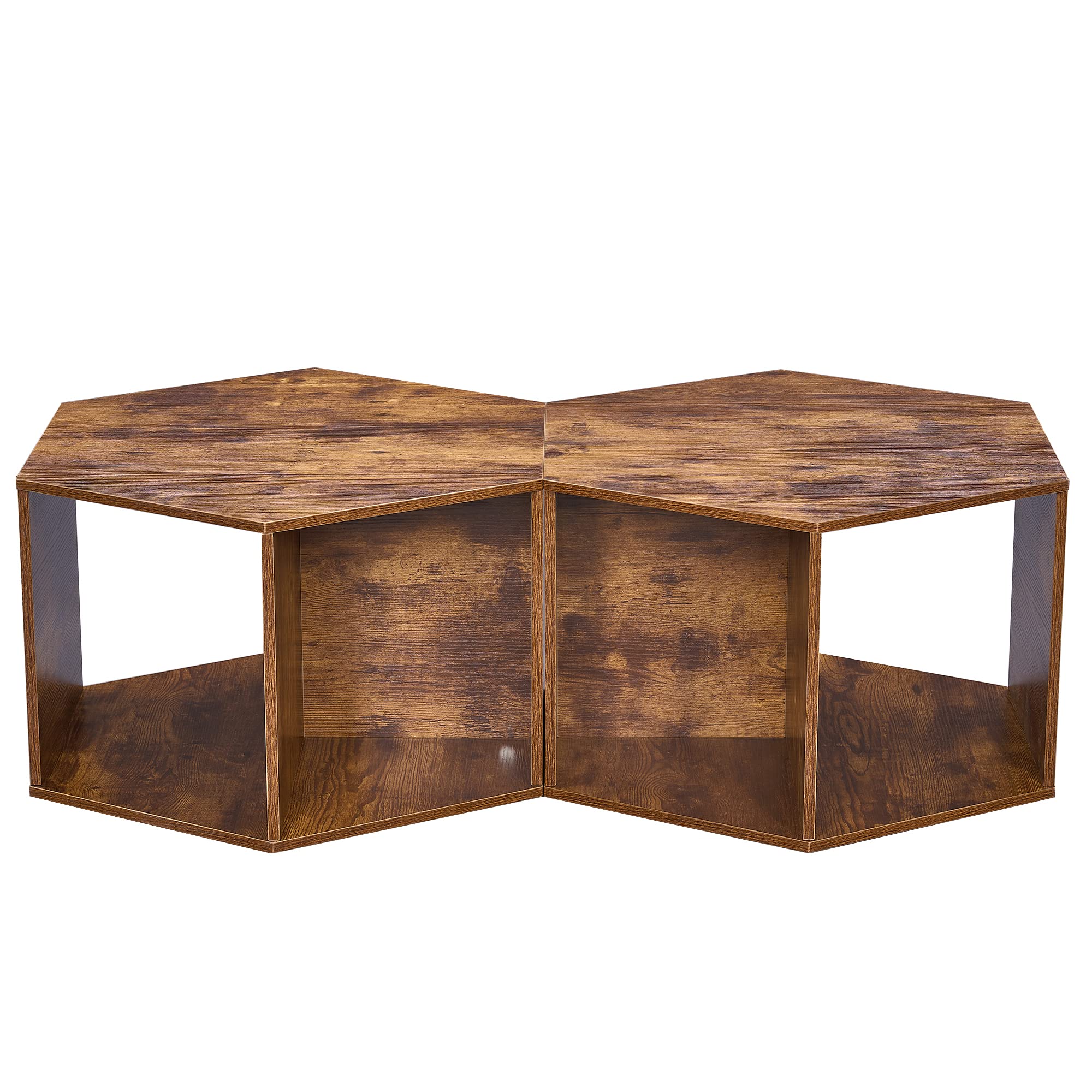 BEWISHOME Hexagonal Small Coffee Table with Storage, Unique Modern Coffee Table for Living Room and Office, Brown Natural Wood Small End Tables for Small Spaces Set of 2, KlZ02Z