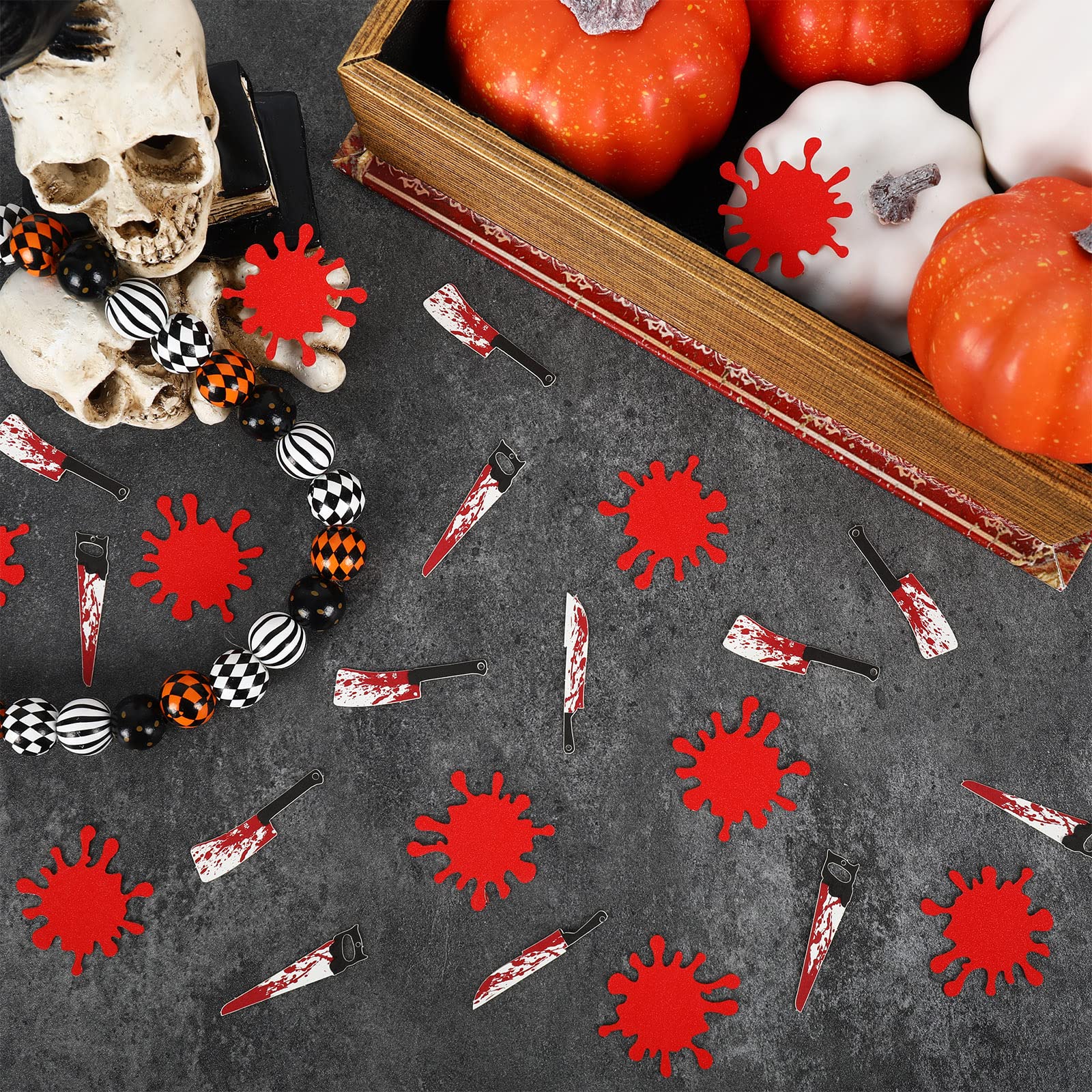 Whaline 300Pcs Halloween Bloody Confetti Scary Spooky Red Blood Drops Saw Chopper Fruit Knife Shape Paper Confetti Table Decor for Halloween Horror Theme Party Supplies