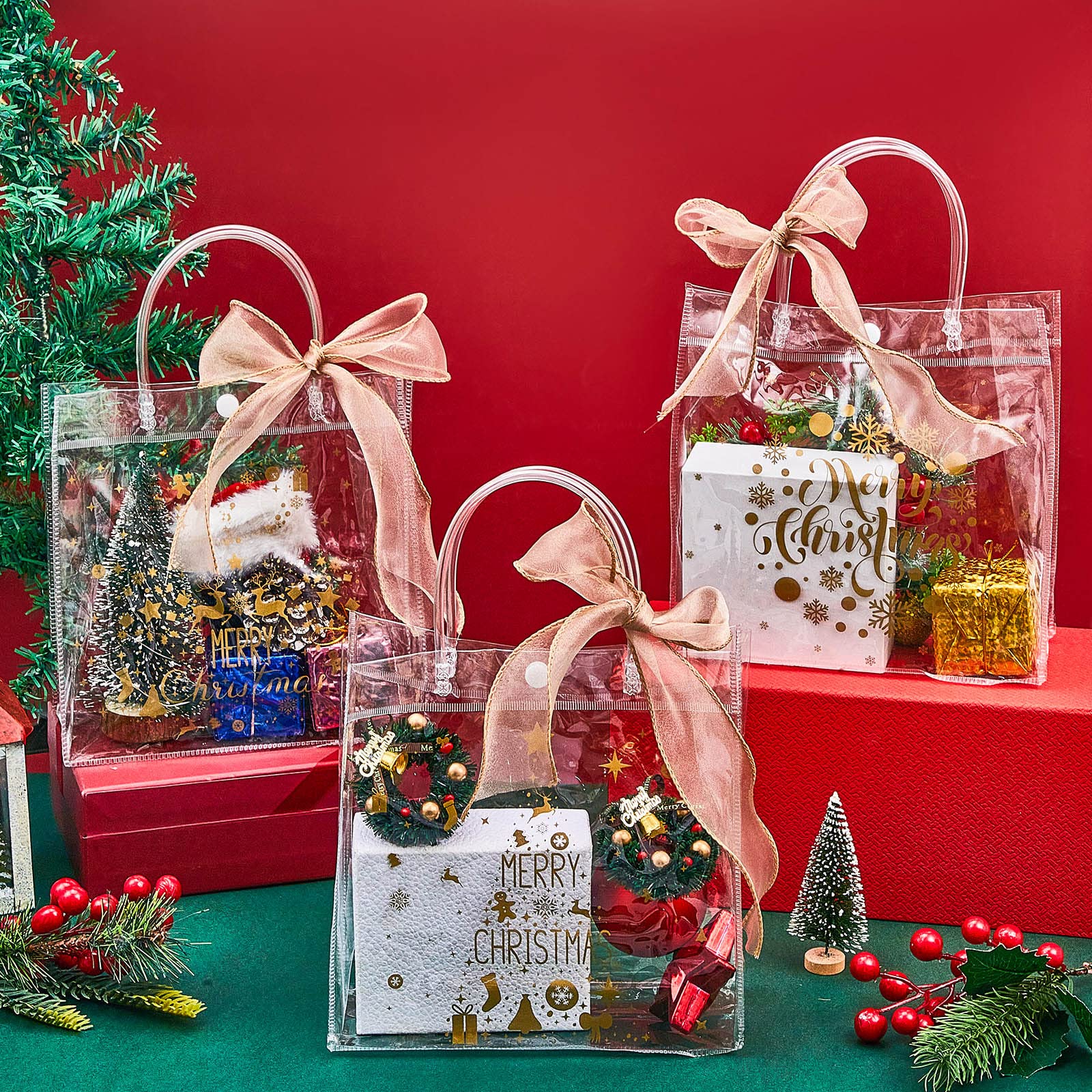 24 Pcs Christmas Clear Gift Bags with Bow Ribbon PVC Party Favor Bags with Handles 7.8 x 7.8 x 3.1" Plastic Gift Wrap Tote Bags for Retail Christmas Wedding Birthday Baby Shower Party Favors