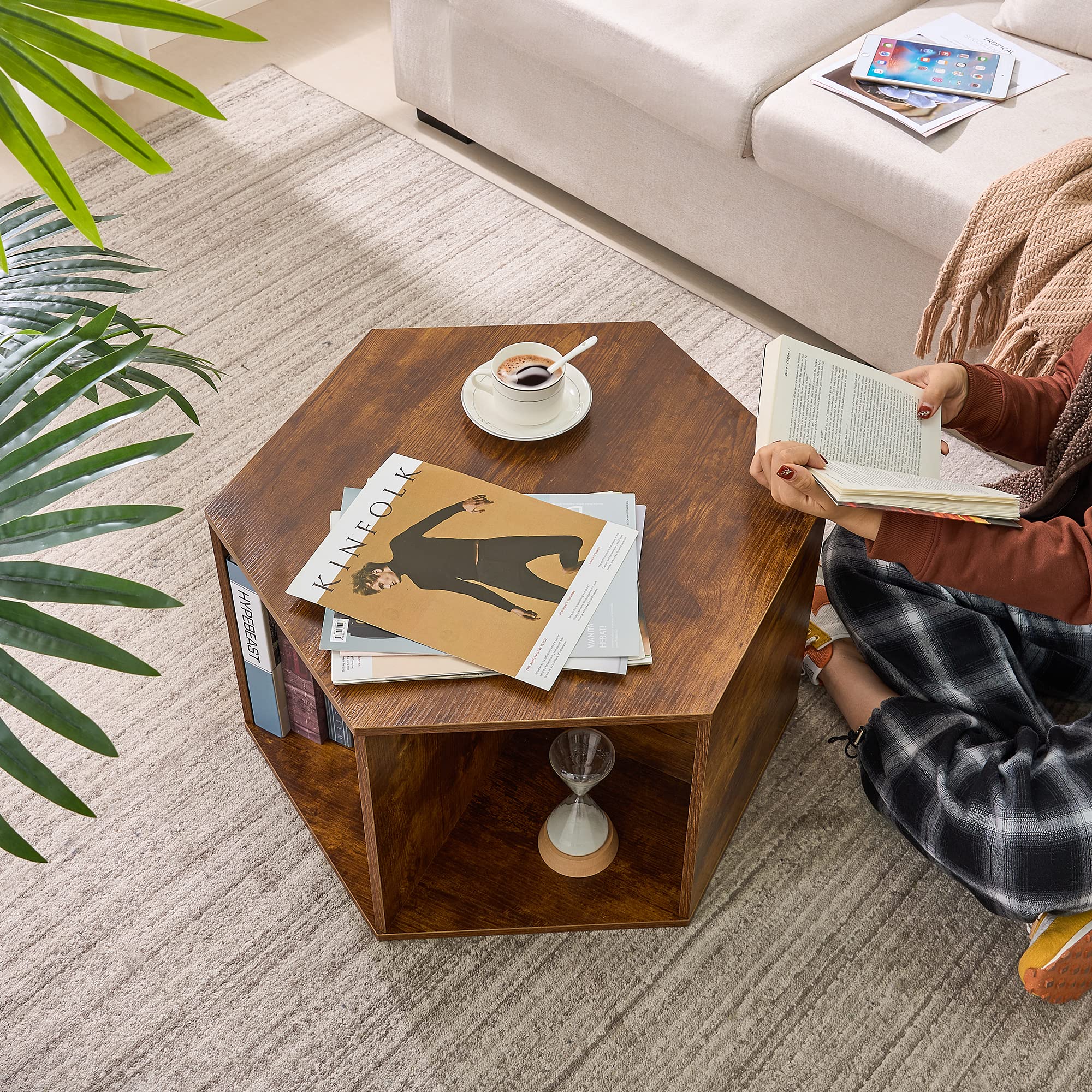 BEWISHOME Hexagonal Small Coffee Table with Storage, Unique Modern Coffee Table for Living Room and Office, Brown Natural Wood Small End Tables for Small Spaces Set of 2, KlZ02Z