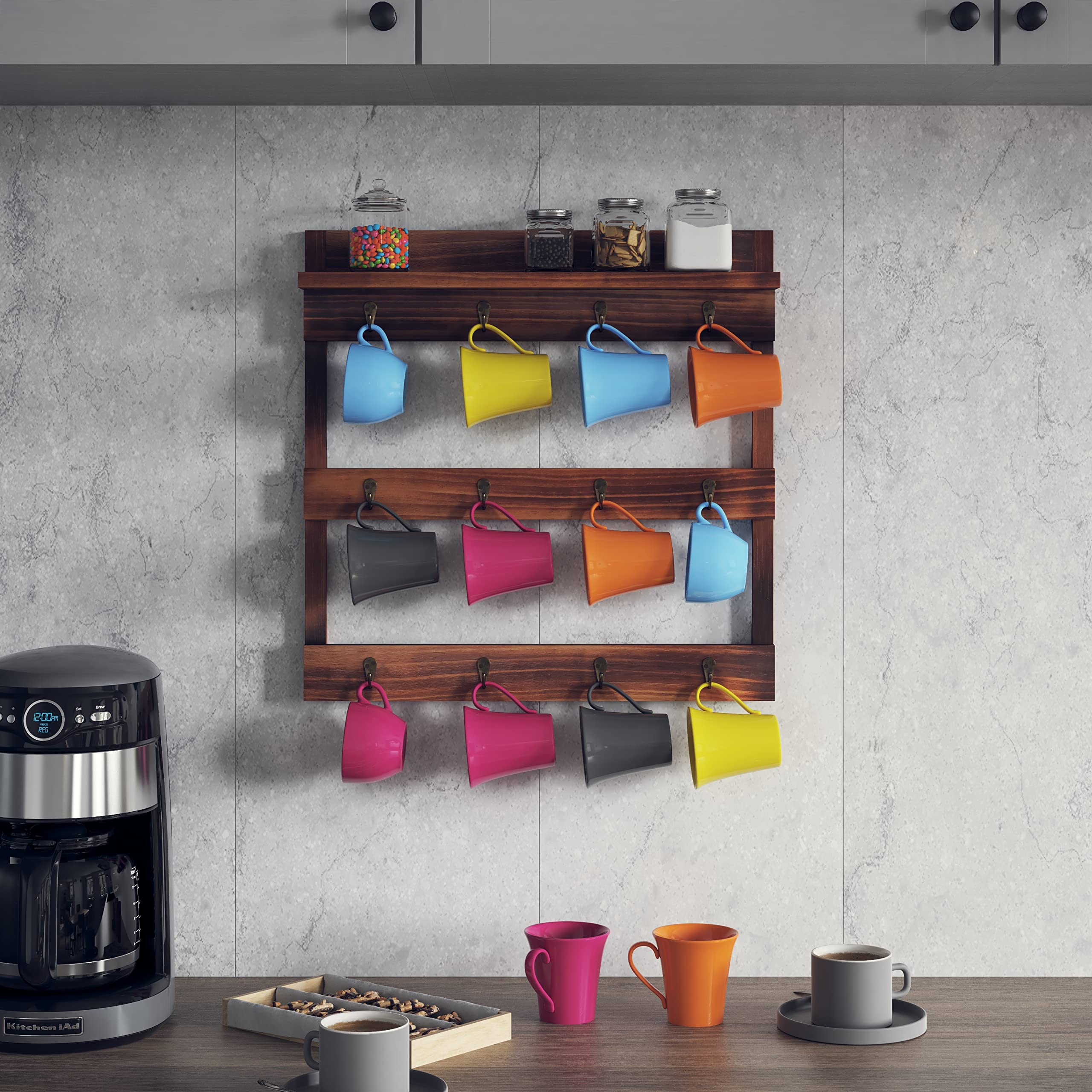 EMMA + OLIVER Maxwell Wall Mounted Wooden Mug Rack - Rustic Brown Finish - 12 Metal Mug Hooks - Inlaid Hanging Hardware - Includes Screws and Wall Anchors