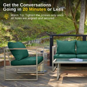 EAST OAK Courtyard Patio Furniture Set, 4-Piece Outdoor Patio Set with Sofa, Removable & Washable Seating Cushion, Tempered Glass Table, Outside Patio Conversation Sets, Champagne Gold & Jungle Green