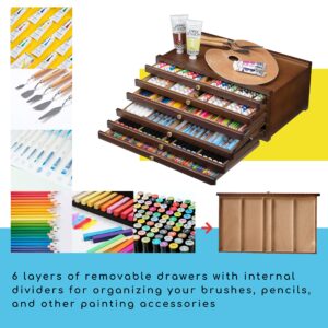 MEEDEN 6-Drawer Art Supply Storage Box - Large Capacity Multi-Function Beech-Wood Pencil Box with Drawer & Compartments for Organizing Pastels, Pencils, Pens, Markers, Brushes & Stamp, Walnut