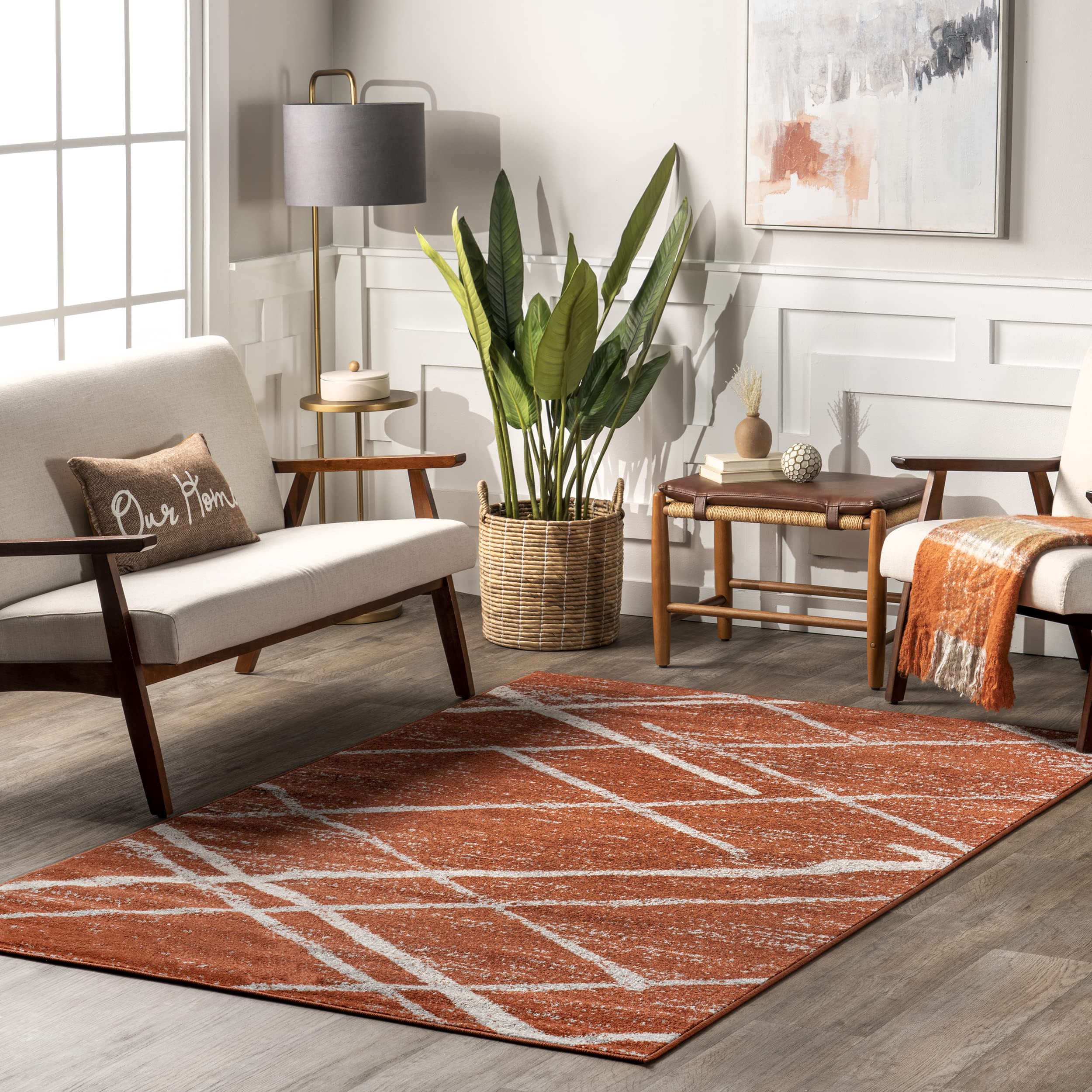 nuLOOM 5x8 Thigpen Contemporary Area Rug, Dark Orange, Abstract Lines, Non-Slip Backing, Stain Resistant, For Bedroom, Dining Room, Living Room, Hallway, Office, Kitchen, Entryway