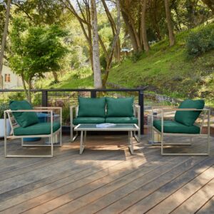 east oak courtyard patio furniture set, 4-piece outdoor patio set with sofa, removable & washable seating cushion, tempered glass table, outside patio conversation sets, champagne gold & jungle green