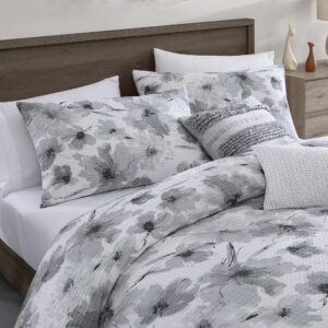 DKNY Bedding Modern Bloom 3-Piece Floral Cotton Duvet Cover Set, King, Grey