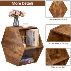 BEWISHOME Hexagonal Small Coffee Table with Storage, Unique Modern Coffee Table for Living Room and Office, Brown Natural Wood Small End Tables for Small Spaces Set of 2, KlZ02Z