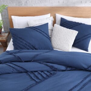 DKNY Bedding Chenille Block 3-Piece Cotton Duvet Cover Set, Full/Queen, Denim Blue