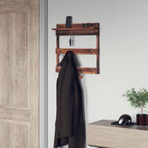 EMMA + OLIVER Maxwell Wall Mounted Wooden Mug Rack - Rustic Brown Finish - 12 Metal Mug Hooks - Inlaid Hanging Hardware - Includes Screws and Wall Anchors