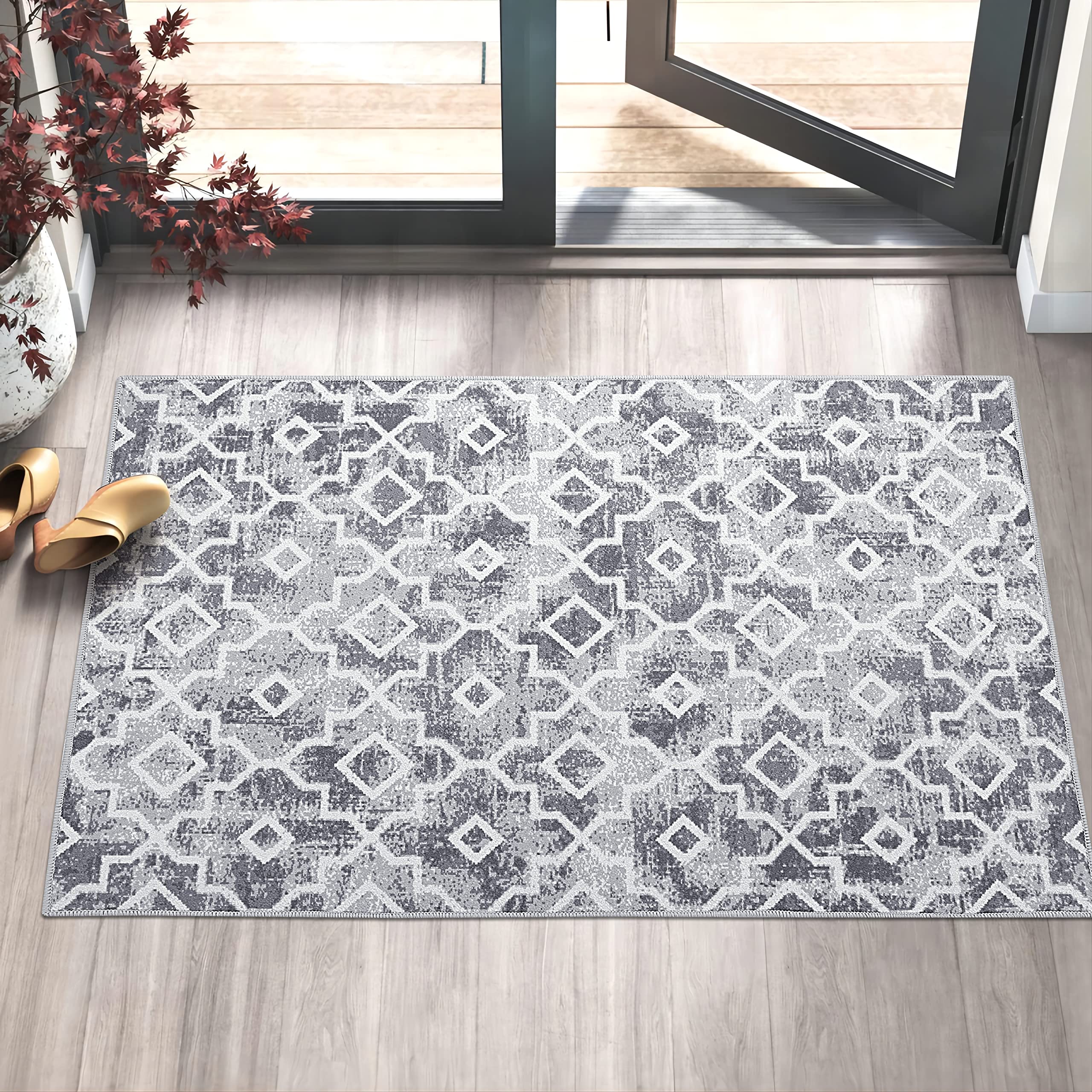 Wonnitar Moroccan Indoor Door Mat - 32''x48'' Entrance Doormat Entry Rug, Washable Grey Absorbent Non-Slip Front Door Mat Low-Profile Dirt Resist Rug for Bathroom Entryway (Grey,47.2'' x 31.5'')