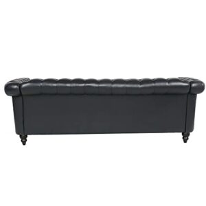 84" PU Rolled Arm Chesterfield 3 Seater Sofa Black, Mid Century Modern Couch for Small Spaces