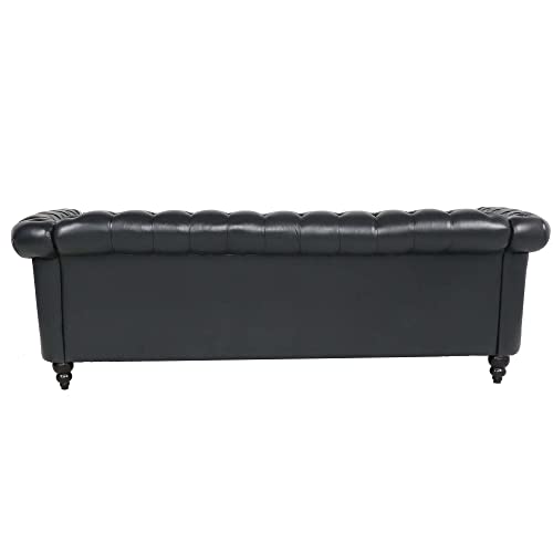 84" PU Rolled Arm Chesterfield 3 Seater Sofa Black, Mid Century Modern Couch for Small Spaces