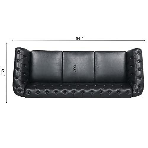 84" PU Rolled Arm Chesterfield 3 Seater Sofa Black, Mid Century Modern Couch for Small Spaces