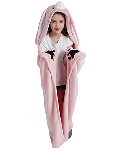 CASABACO Wearable Blanket Hoodie for Kids, Animal Hooded Blanket, Gift for Kids, Bunny Pink