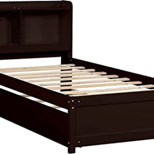 Harper & Bright Designs Twin Bed with Trundle, Twin Bed Frame with Bookcase Headboard, Wood Twin Platform Bed with Pull Out Trundle Bed for Kids Girls Boys,No Box Spring Needed,Espresso