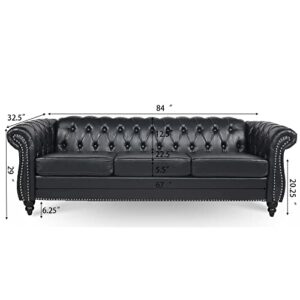 84" PU Rolled Arm Chesterfield 3 Seater Sofa Black, Mid Century Modern Couch for Small Spaces