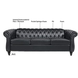 84" PU Rolled Arm Chesterfield 3 Seater Sofa Black, Mid Century Modern Couch for Small Spaces