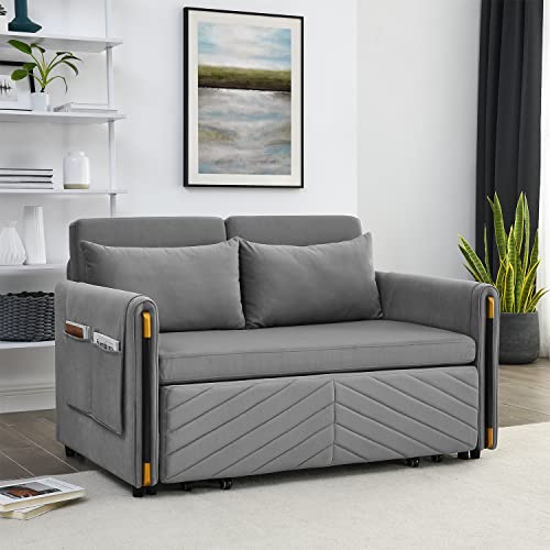 JEEOHEY Pull Out Couch Bed w/Headboard, 54" Modern Velvet Convertible Sleeper Sofa Bed, Small Love seat Sofa Bed with 2 Pillows & Detachable Side Pockets for Small Space, Living Room, Apartment, Grey