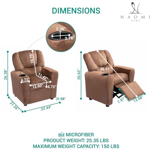 Naomi Home Suri Push Back Kids Recliner Chair with Footrest & Cup Holders, Push Back Toddler Recliner with Cup Holder, PVC Kids' Recliners for Age 3+, Kid Recliners for Girls Boys - Brown