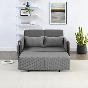 JEEOHEY Pull Out Couch Bed w/Headboard, 54" Modern Velvet Convertible Sleeper Sofa Bed, Small Love seat Sofa Bed with 2 Pillows & Detachable Side Pockets for Small Space, Living Room, Apartment, Grey