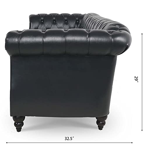 84" PU Rolled Arm Chesterfield 3 Seater Sofa Black, Mid Century Modern Couch for Small Spaces