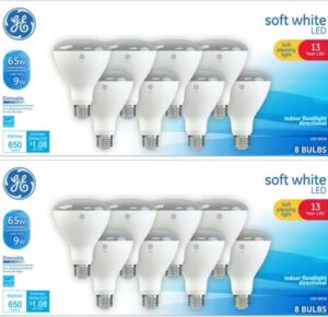 ge led 9-watt, 650 lumens, (65w equivalent) soft white, br30 indoor floodlight bulbs, e26 medium base, 13-year life, 16pk