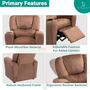 Naomi Home Suri Push Back Kids Recliner Chair with Footrest & Cup Holders, Push Back Toddler Recliner with Cup Holder, PVC Kids' Recliners for Age 3+, Kid Recliners for Girls Boys - Brown