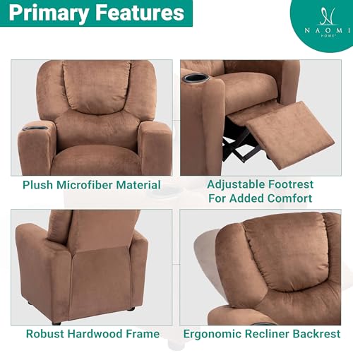 Naomi Home Suri Push Back Kids Recliner Chair with Footrest & Cup Holders, Push Back Toddler Recliner with Cup Holder, PVC Kids' Recliners for Age 3+, Kid Recliners for Girls Boys - Brown