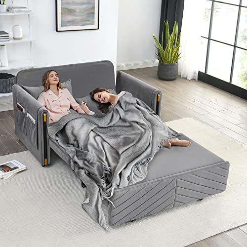 JEEOHEY Pull Out Couch Bed w/Headboard, 54" Modern Velvet Convertible Sleeper Sofa Bed, Small Love seat Sofa Bed with 2 Pillows & Detachable Side Pockets for Small Space, Living Room, Apartment, Grey