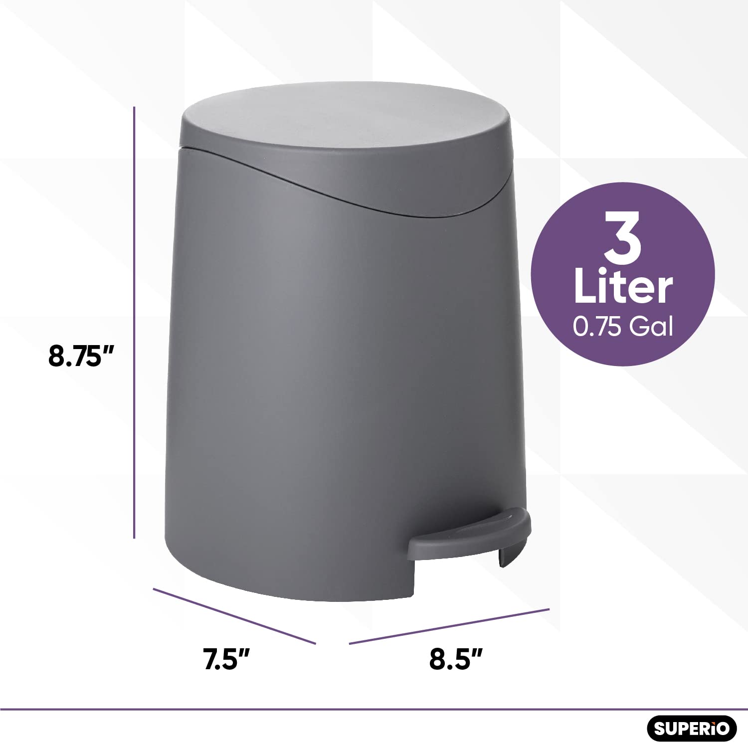 Superio Mini Bathroom Trash Can with Lid 3 Liter, Plastic Waste Bin 0.75 Gallon, Modern Flat Lid Step On Trash Can with Foot Pedal, for Bathroom, Bedroom, Office, Under Desk, Soft Close (2, Grey)