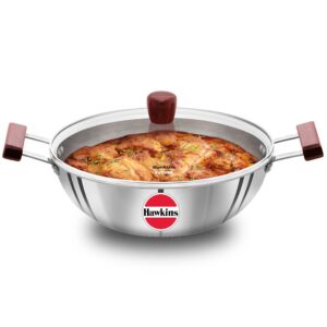 hawkins 5 litre deep kadhai, triply stainless steel kadai with glass lid, flat bottom induction deep kadhai, big kadai, silver (ssk50g)