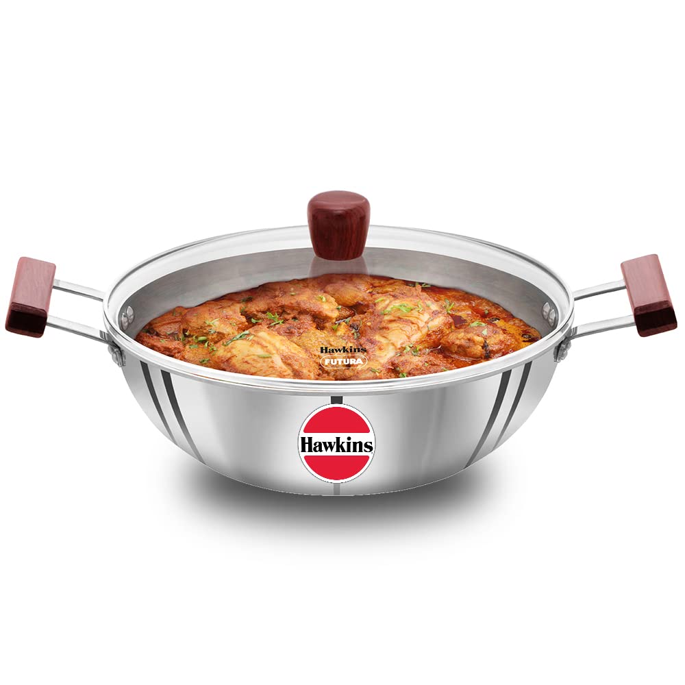 HAWKINS 5 Litre Deep Kadhai, Triply Stainless Steel Kadai with Glass Lid, Flat Bottom Induction Deep Kadhai, Big Kadai, Silver (SSK50G)