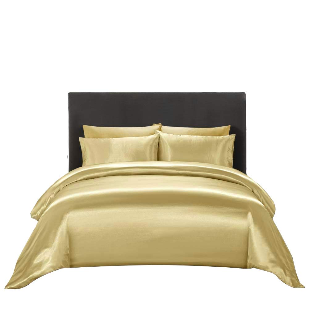 Opulence Bedding Silk Satin Duvet Cover Set Gold California King 3 Piece (Duvet Cover + 2 Pillowcases) Comforter Cover California King Size Zipper Closure