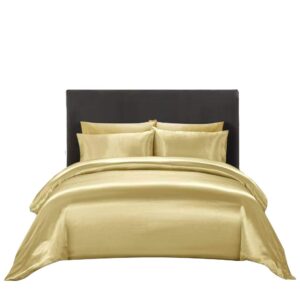 satin duvet cover set king 90 x 104 inches 3 piece ( duvet cover + 2 pillowcases ) duvet cover king size gold stain-resistant satin comforter cover zipper closure