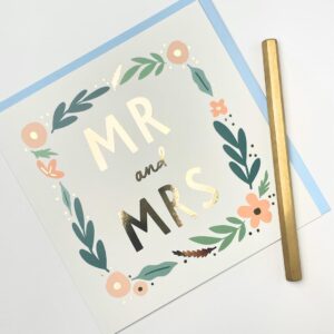 Old English Co. Floral Wreath Mr and Mrs Card - Pastel Gold Foil Wedding Card For Bride and Groom | Engagement For Happy Couple on Big Day | Blank Inside & Envelope Included (Mr and Mrs)