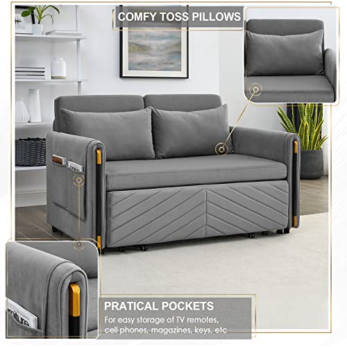 JEEOHEY Pull Out Couch Bed w/Headboard, 54" Modern Velvet Convertible Sleeper Sofa Bed, Small Love seat Sofa Bed with 2 Pillows & Detachable Side Pockets for Small Space, Living Room, Apartment, Grey