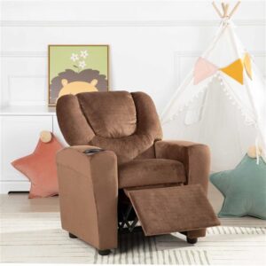 naomi home suri push back kids recliner chair with footrest & cup holders, push back toddler recliner with cup holder, pvc kids' recliners for age 3+, kid recliners for girls boys - brown