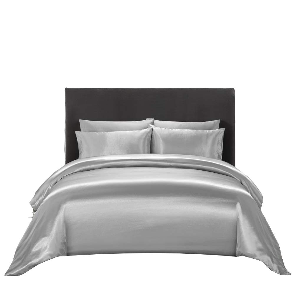 Opulence Bedding Silk Satin Duvet Cover Set Silver Oversized King 3 Piece (Duvet Cover + 2 Pillowcases) Comforter Cover Oversized King Size Zipper Closure