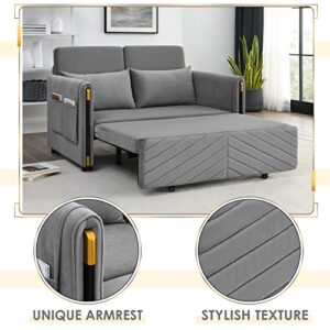 JEEOHEY Pull Out Couch Bed w/Headboard, 54" Modern Velvet Convertible Sleeper Sofa Bed, Small Love seat Sofa Bed with 2 Pillows & Detachable Side Pockets for Small Space, Living Room, Apartment, Grey