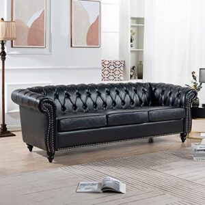 84" PU Rolled Arm Chesterfield 3 Seater Sofa Black, Mid Century Modern Couch for Small Spaces