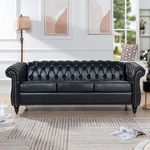 84" pu rolled arm chesterfield 3 seater sofa black, mid century modern couch for small spaces