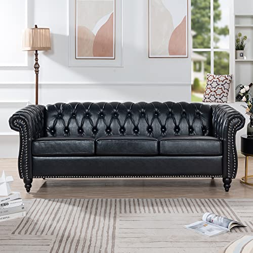 84" PU Rolled Arm Chesterfield 3 Seater Sofa Black, Mid Century Modern Couch for Small Spaces