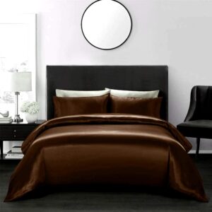 Opulence Bedding Silk Satin Duvet Cover Set Chocolate Oversized King 3 Piece (Duvet Cover + 2 Pillowcases) Comforter Cover Oversized King Size Zipper Closure