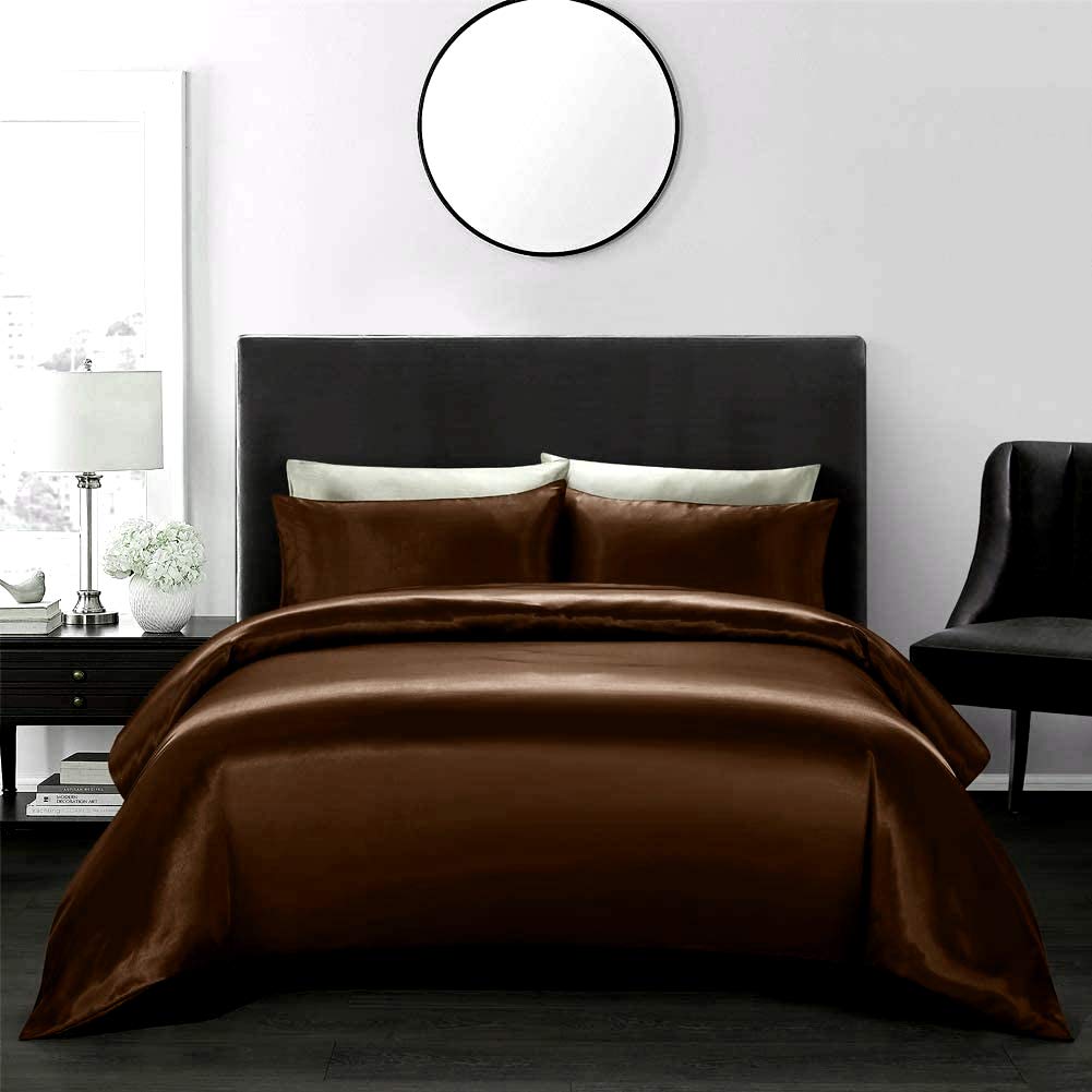 Opulence Bedding Silk Satin Duvet Cover Set Chocolate Oversized King 3 Piece (Duvet Cover + 2 Pillowcases) Comforter Cover Oversized King Size Zipper Closure